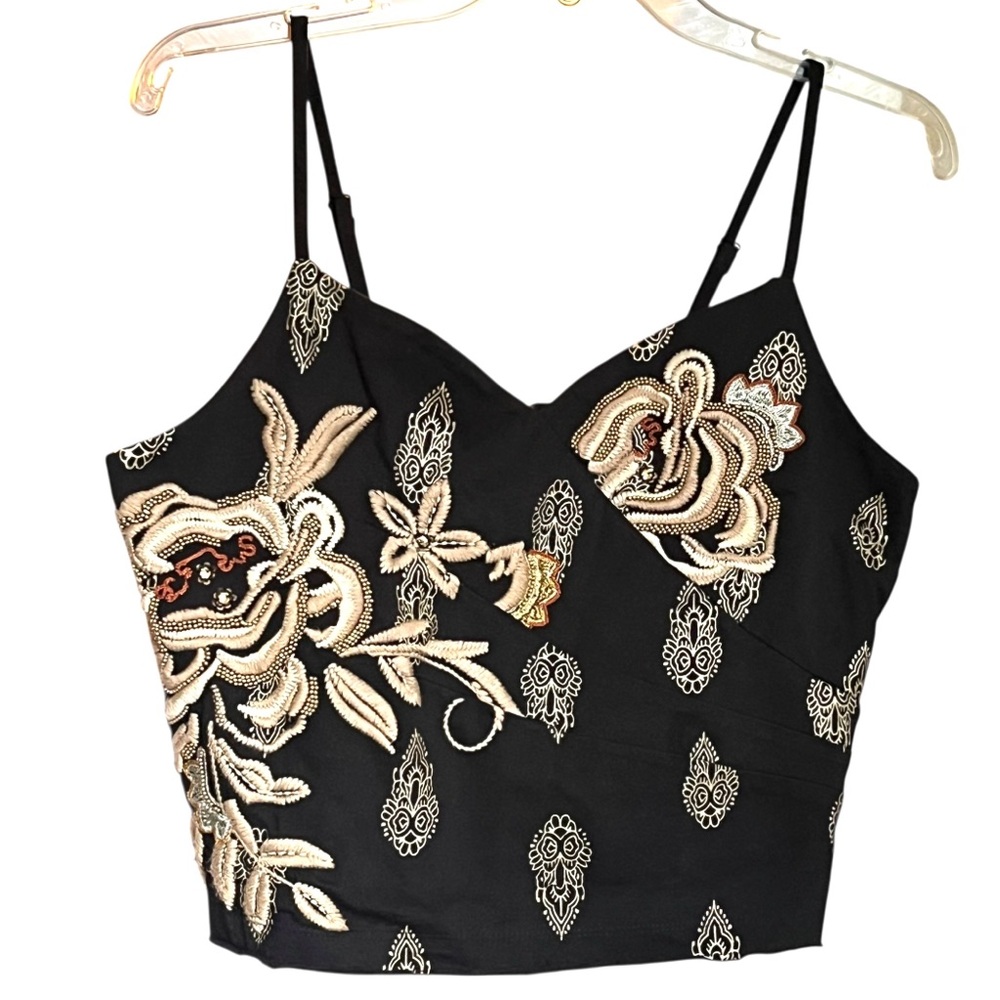 Beaded embroider Floral Women's black crop cami smocked back Festival Whimsygoth